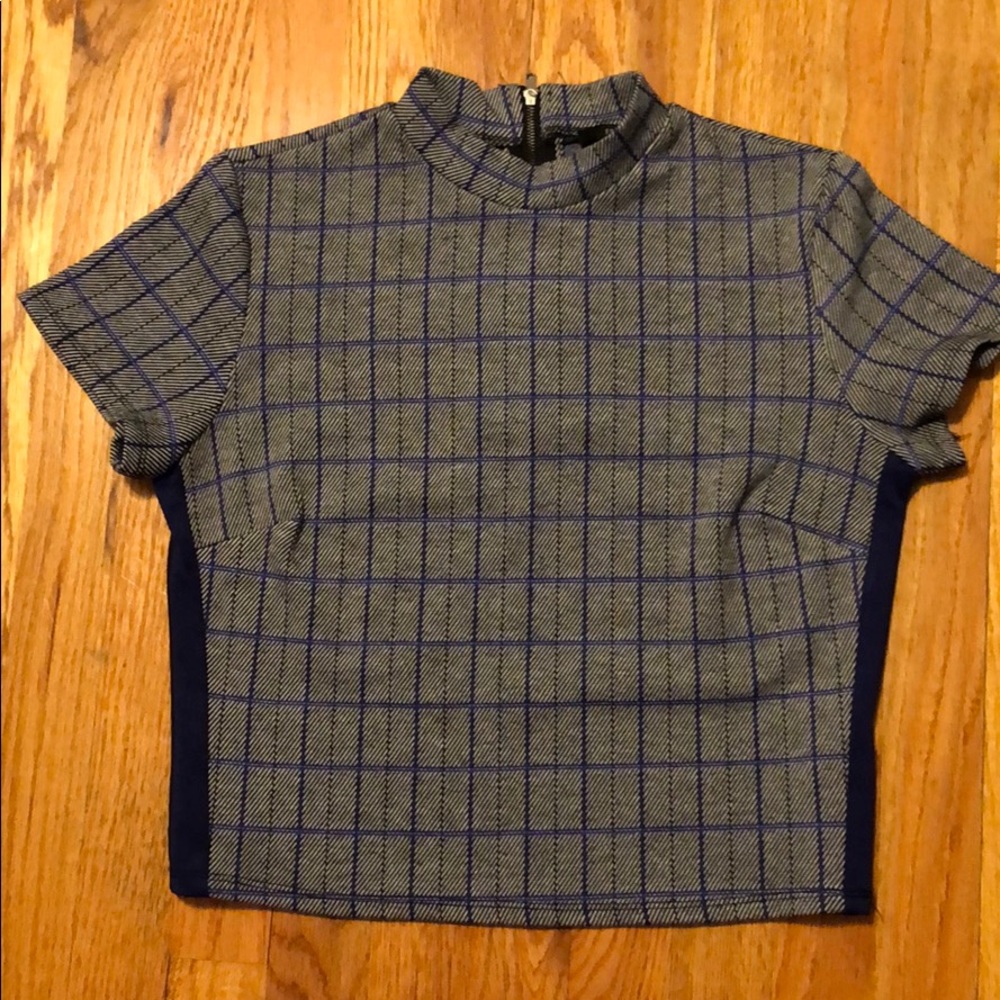 Crop Plaid short sleeve mock turtleneck